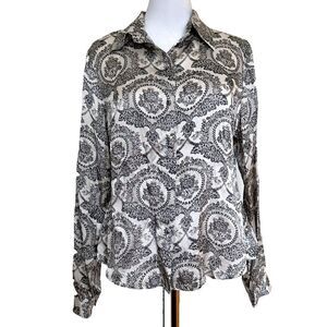 Central Park West Long Sleeve Silk Blouse Black and White Lace Pattern Size Med